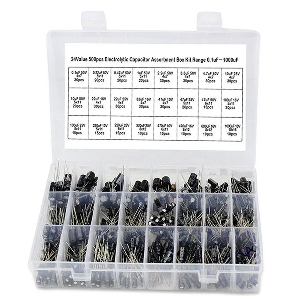 Capacitor Kit Assortment - 500 ชิ้นชุดตัวเก็บประจุไฟฟ้าแบบอิเล็กโทรลีติค 0.1uF-1000uF 24 ชนิดชุดส่วนประกอบอิเล็กทรอนิกส์พร้อมกล่องเก็บของ