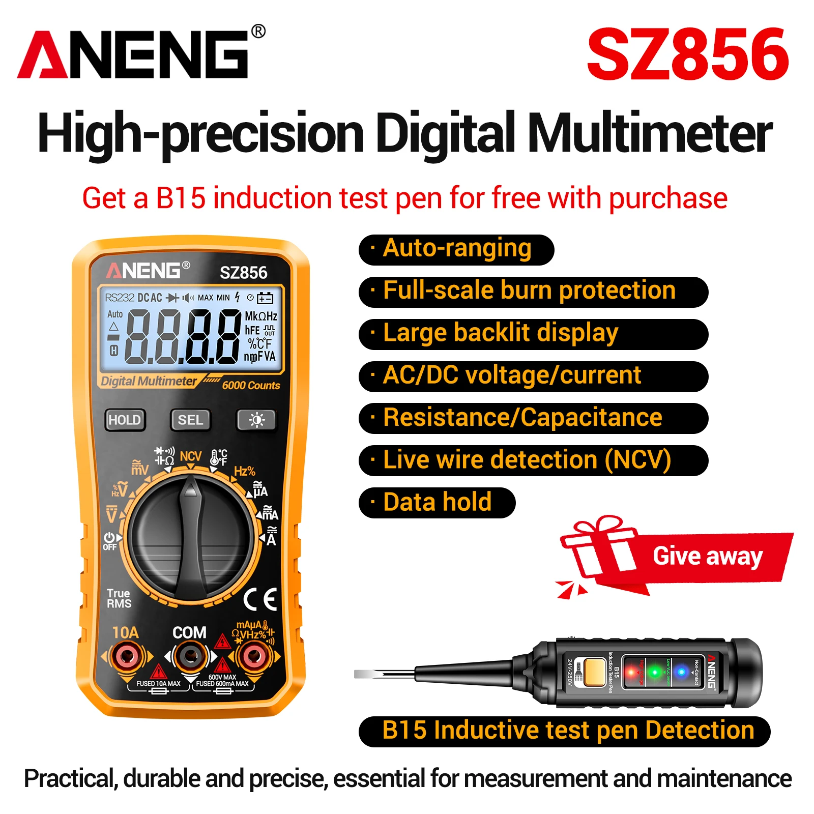 Diy Electronics Table - ANENG SZ856 มัลติมิเตอร์อัจฉริยะสำหรับช่างไฟฟ้า ใช้สำหรับการบำรุงรักษาและทดสอบ พร้อมฟังก์ชันตรวจจับสายไฟศูนย์และสายไฟมีแรงดัน บันทึกข้อมูลได้