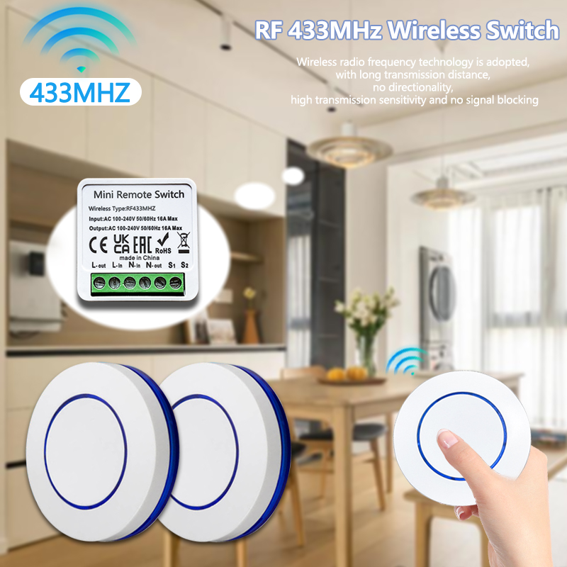 Diy Electronics Button - สวิตช์ไฟไร้สาย 433HMz รีเลย์รับสัญญาณ 10A รีโมทแบบปุ่มกลม RF
